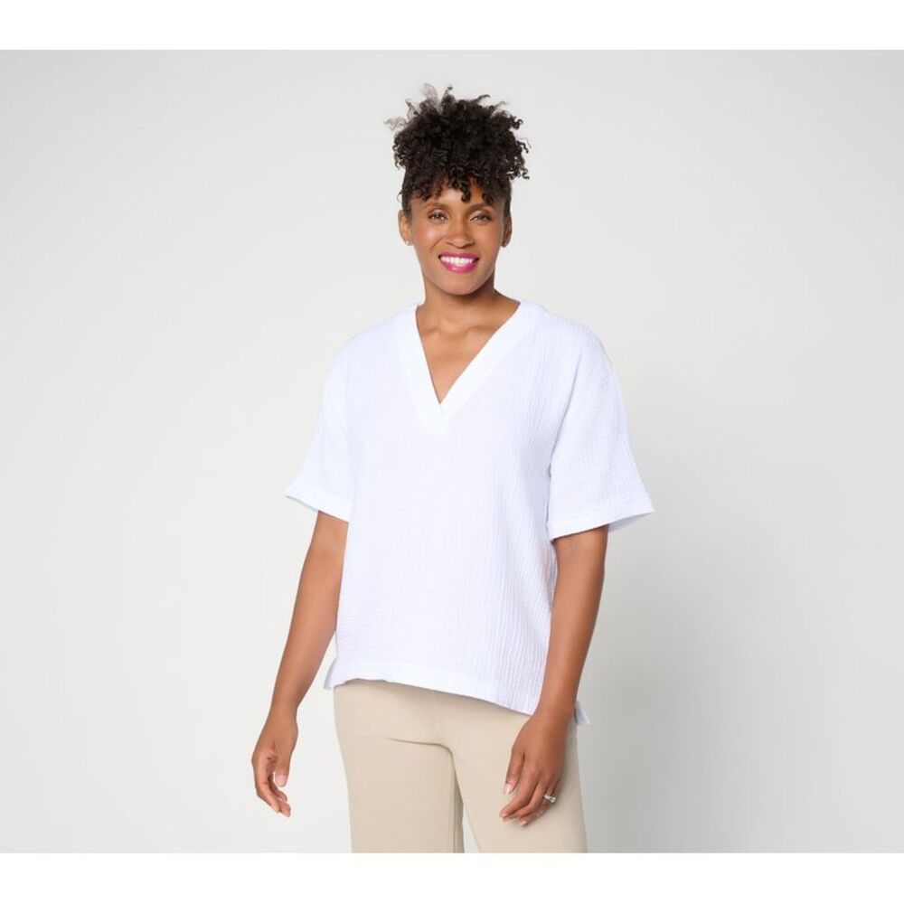 Susan Graver Women's Top Plus Sz 2X Cotton Gauze Pullover White
